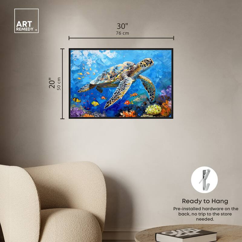 Art Remedy Turtle Swimming Framed Colorful Coastal 1 Piece Canvas Wall Art