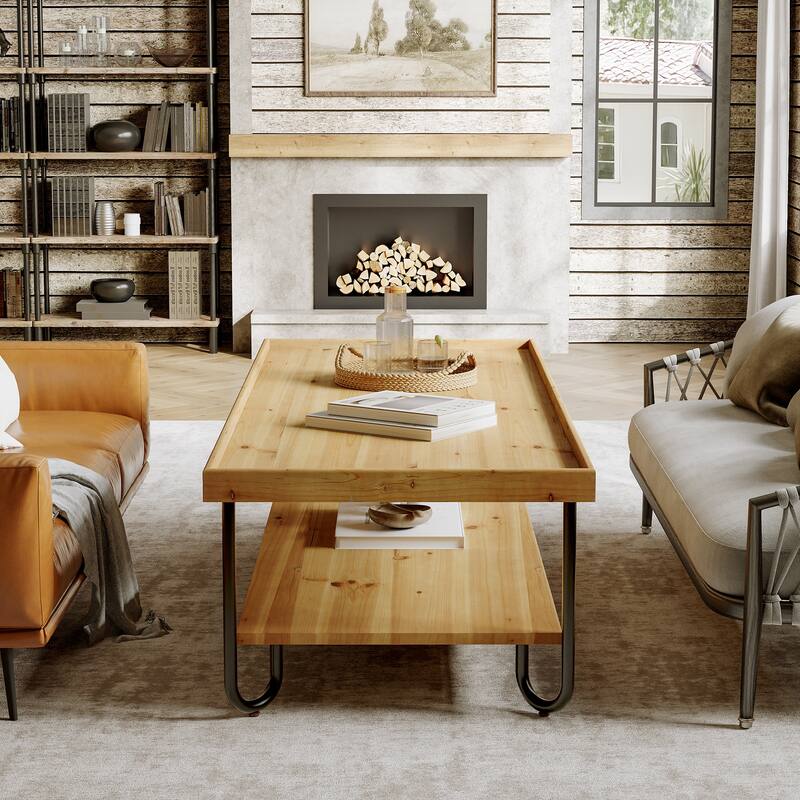 47 Inch Solid Wood Coffee Table 2-Tier Rectangular Center Table