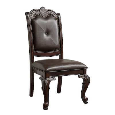 Hand Carved Dining Side Chair with Faux Leather Padded Seat and Button Tufting