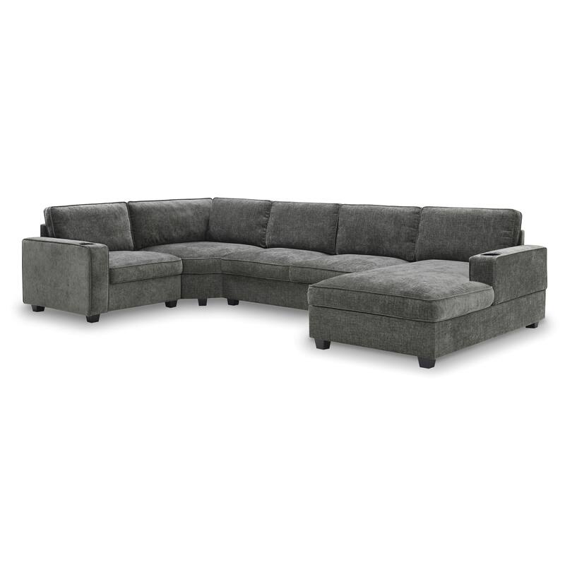 119*67" U Shaped 6 Seat Chenille Sectional Sofa with Chaise and Cup Holders, Gray