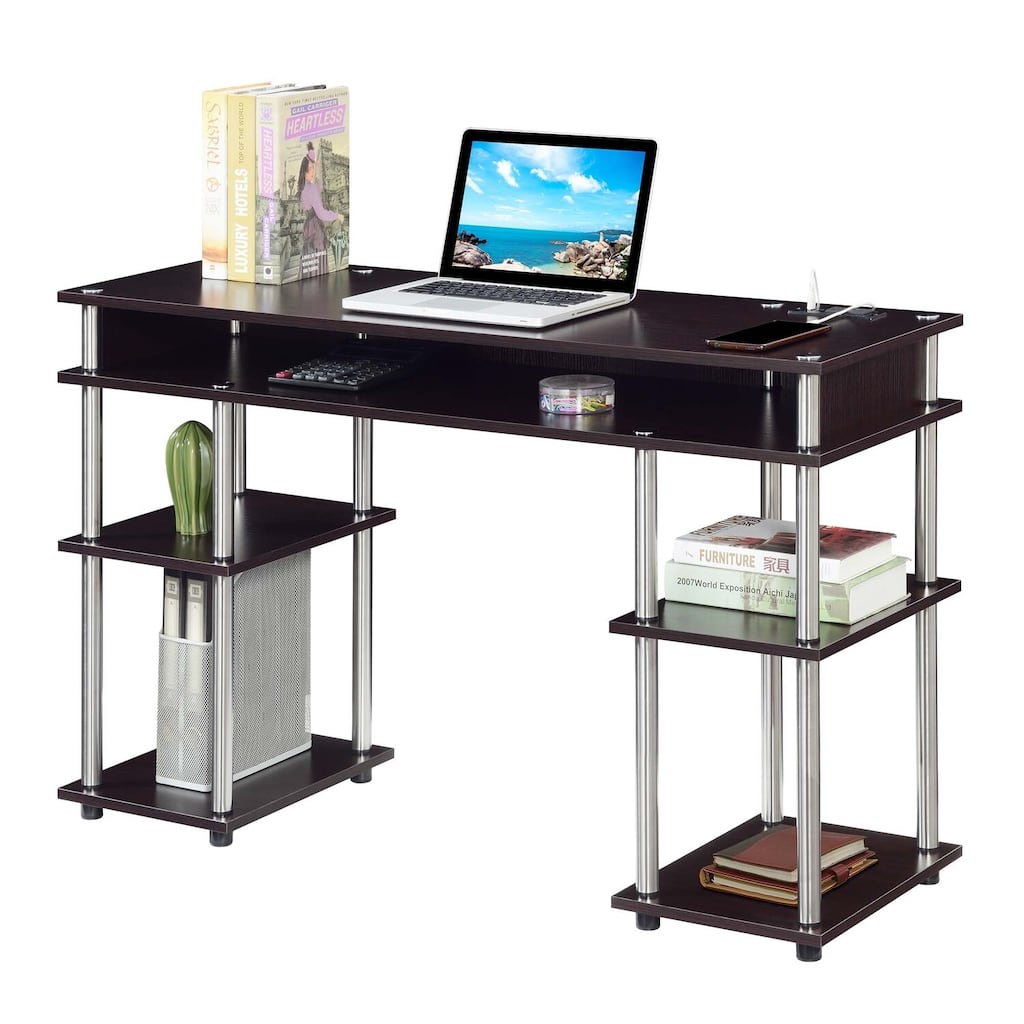 Student Desk With Charging Station & Shelves - Modern Study Table, Espresso Finish, USB Port