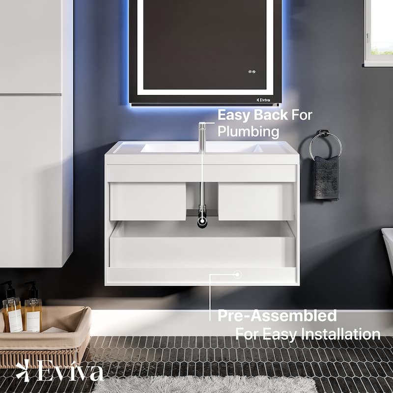 Glazzy 36" White Wallmount Bath Vanity with Integrated Acrylic Top