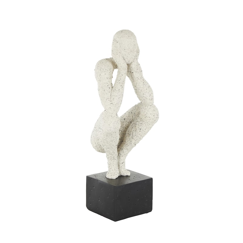Cream Polystone Crouching People Decorative Sculpture with Black Square Base