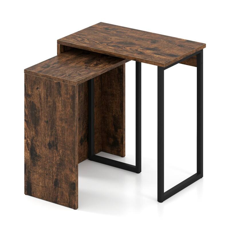 Rustic Brown-Black Metal and Engineered Wood Nesting End Tables Set - Large Table: 20" x 12" x 21" - Rustic Brown-Black