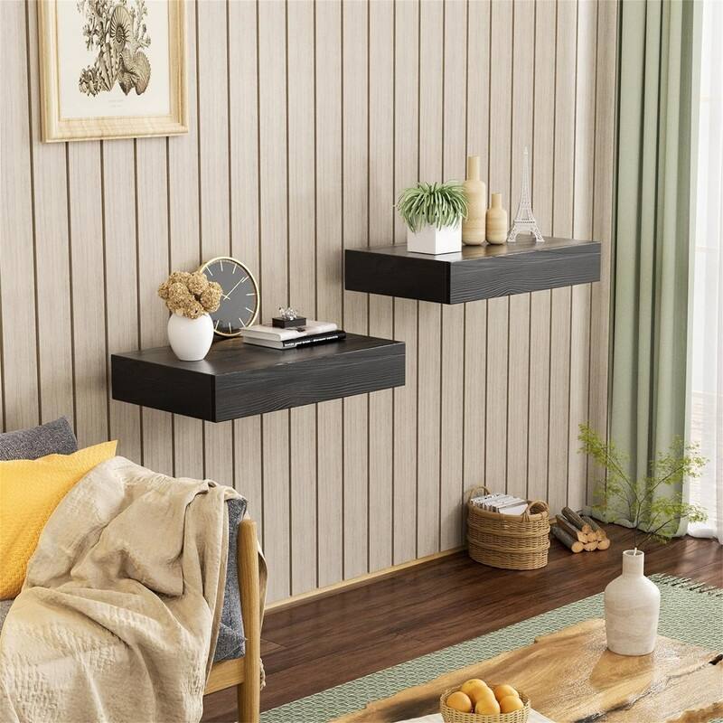 2 Packs Rustic Wood Floating Shelf with Drawer - 10.8"D x 16.7"W x 3"H