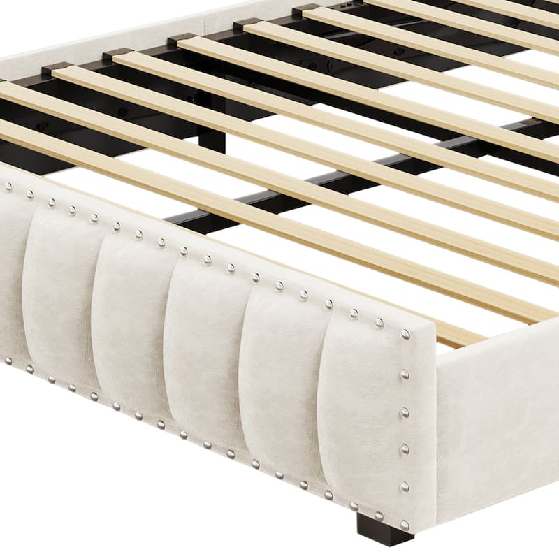 Lift Up Storage Nailhead Bed Frame with Charging Station, Velvet Upholstered Platform Bed with RGB LED Lights