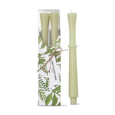 Orbit Sculpted Olive Green Taper Candles Set of 2 - 11.75" Tall, 11 Hour Burn Time, Everyday Home Decor