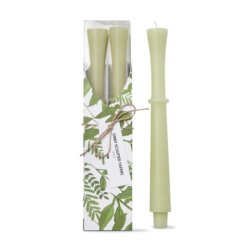 Orbit Sculpted Olive Green Taper Candles Set of 2 - 11.75" Tall, 11 Hour Burn Time, Everyday Home Decor