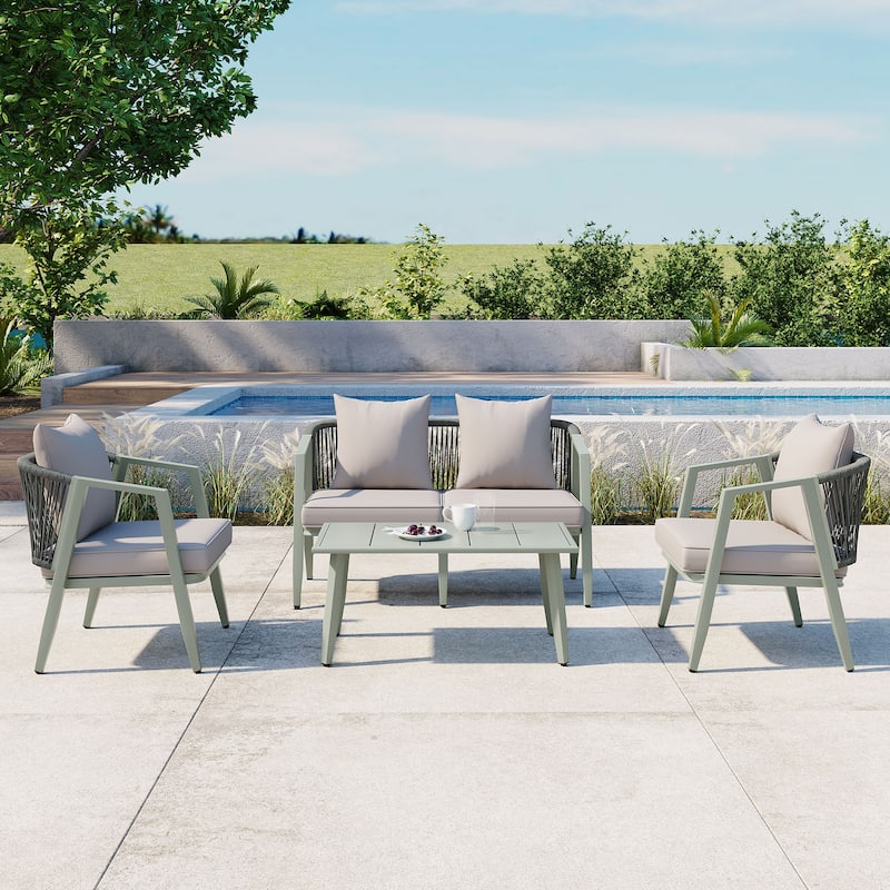 Durable Outdoor Seating Set with Iron Frame Cushions and Table for Patios Lawns and Poolsides Green - Green