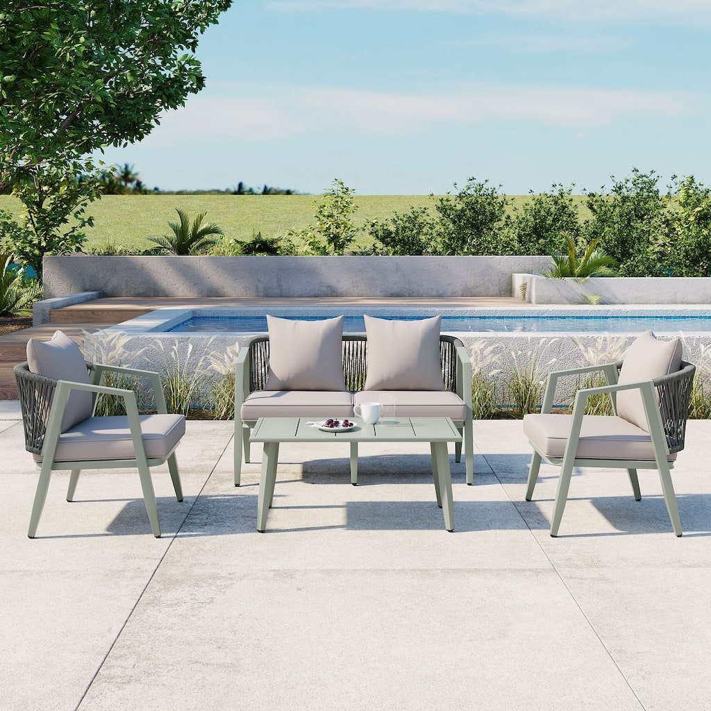 Durable Outdoor Seating Set with Iron Frame Cushions and Table for Patios Lawns and Poolsides Green