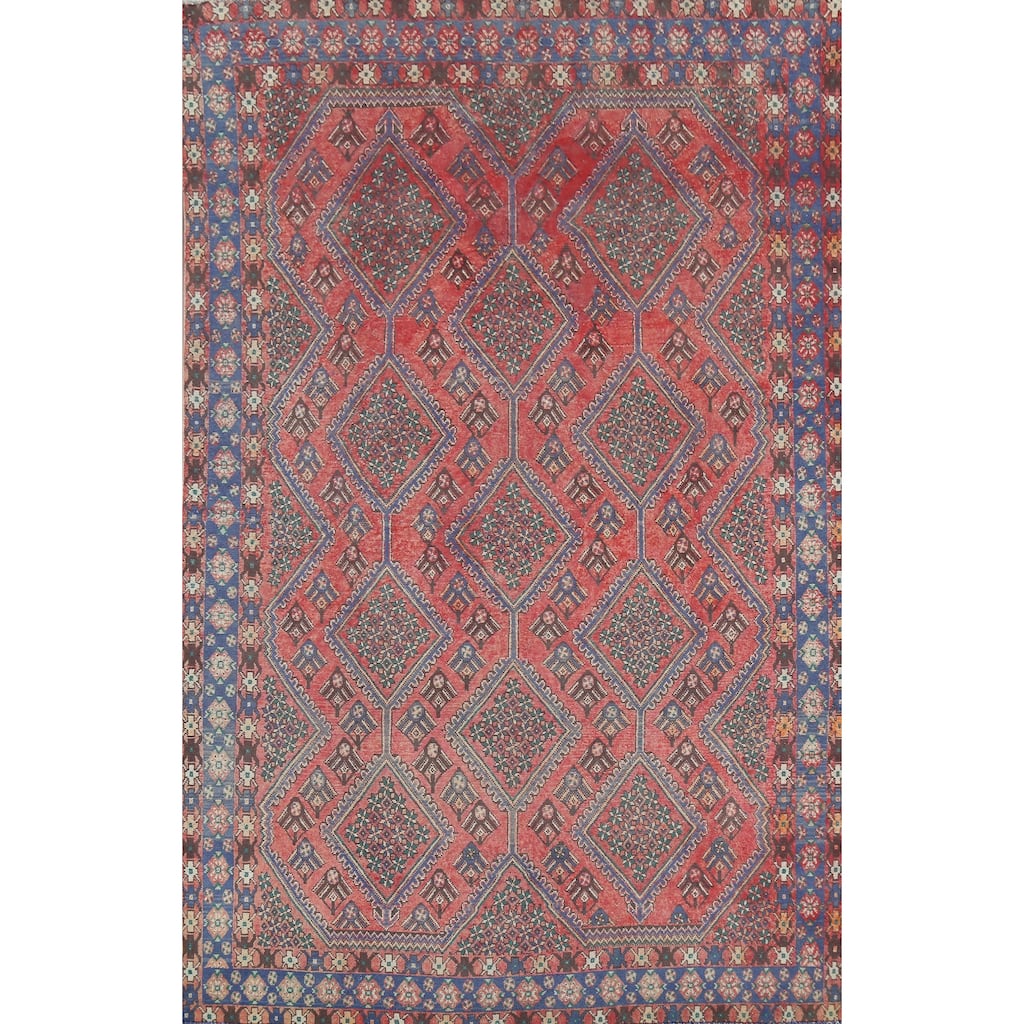Geometric Bakhtiari Persian Vintage Rug Hand-Knotted Pink Wool Carpet - 6'8"x 9'5"