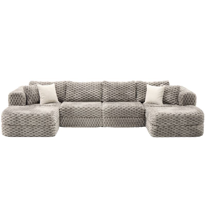 Modular Sectional Sofa with Bubble Velvet Upholstery, 2 Movable Ottomans and 4 Throw Pillows for Living Room
