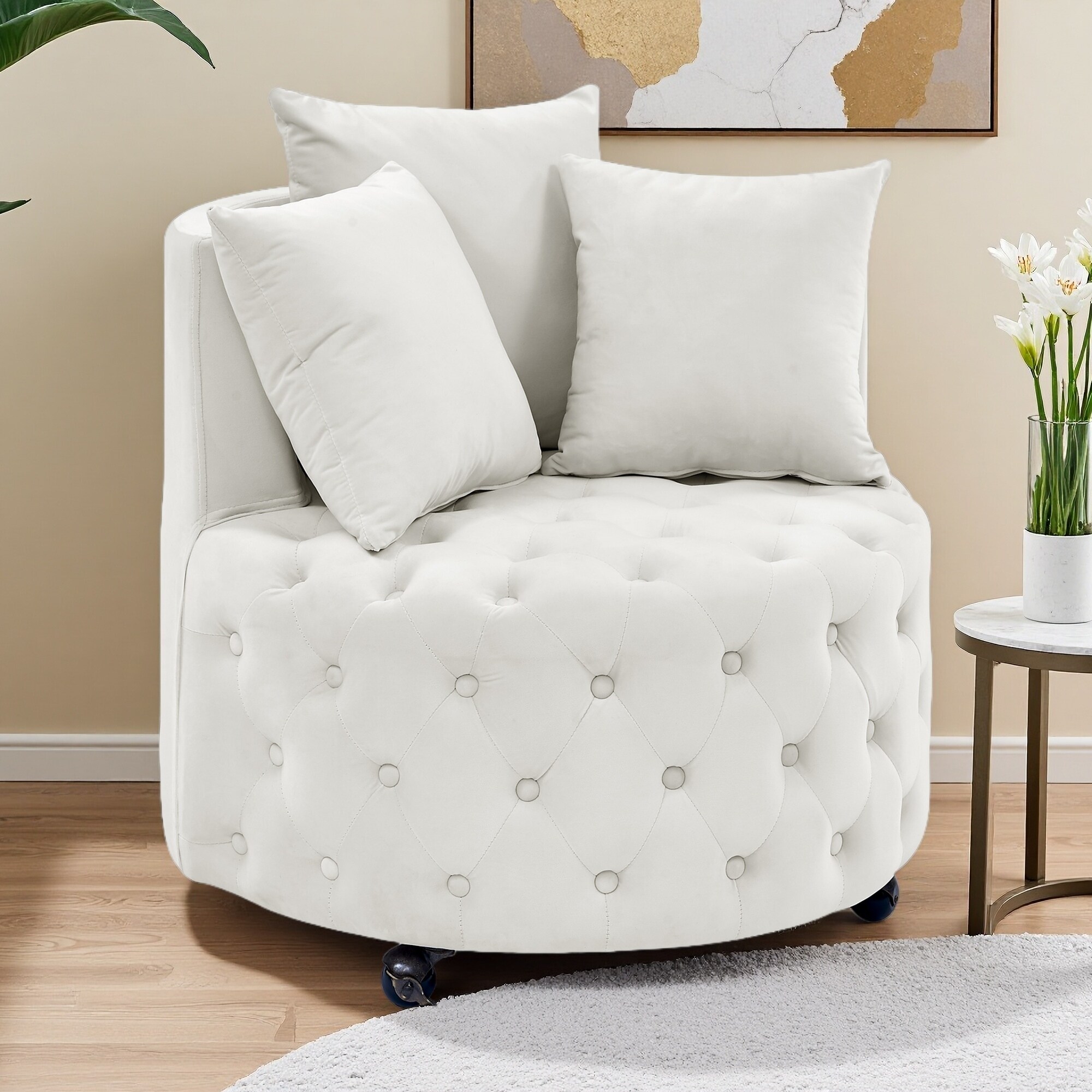 Velvet Tufted Swivel Chair with Button Design, Movable Wheels & 3 Pillows for Living Room/Bedroom