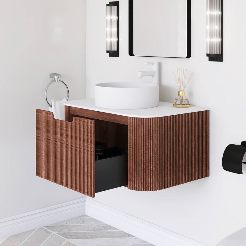 Plywood Wall-Mounted Bathroom Vanity Set with Integrated Ceramic Sink in Natural Wood