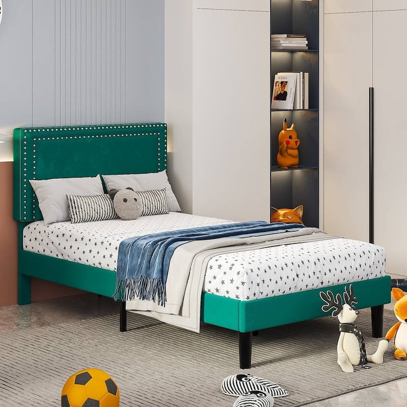 Set of 2 Twin Size Tufted Upholstered Platform Beds Dorm Style Minimalist Metal Frame with Slats No Box Spring Needed