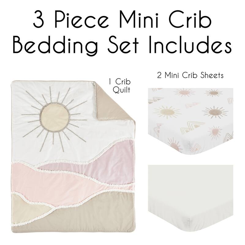 Sweet Jojo Designs Blush Pink Mauve Boho Desert Sun Girl 3pc Mini Crib Bedding Set Taupe Bohemian Watercolor Mountains Southwest