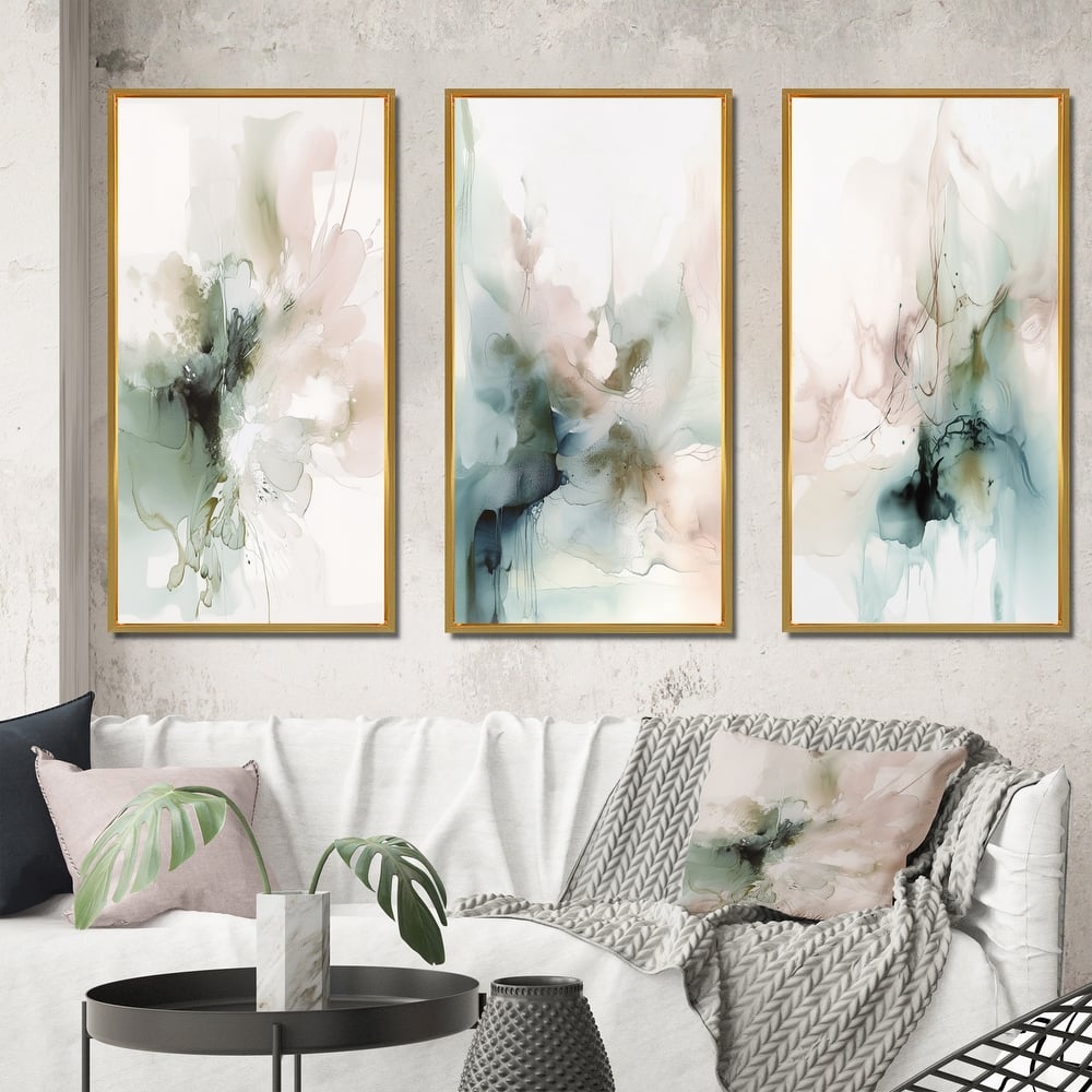 Designart "Green And Cream Essence Of Modernity III" Abstract Framed Wall Art Set Of 3 For Living Room Decor