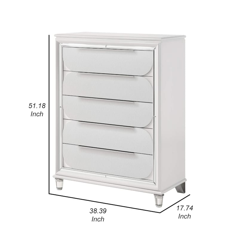 Rara 51 Inch Tall Dresser Chest, 5 Drawer, Mirror Trim, Acrylic, White