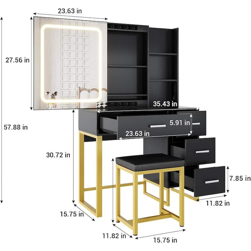 4 Drawers and 5 Shelves Dressing Table, Makeup Vanity Desk with Lighted Mirror