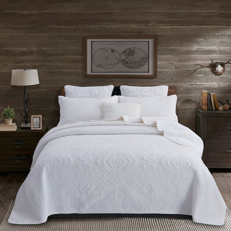 S&S Medallion 3 Piece 100% Cotton Quilt Set - King - White