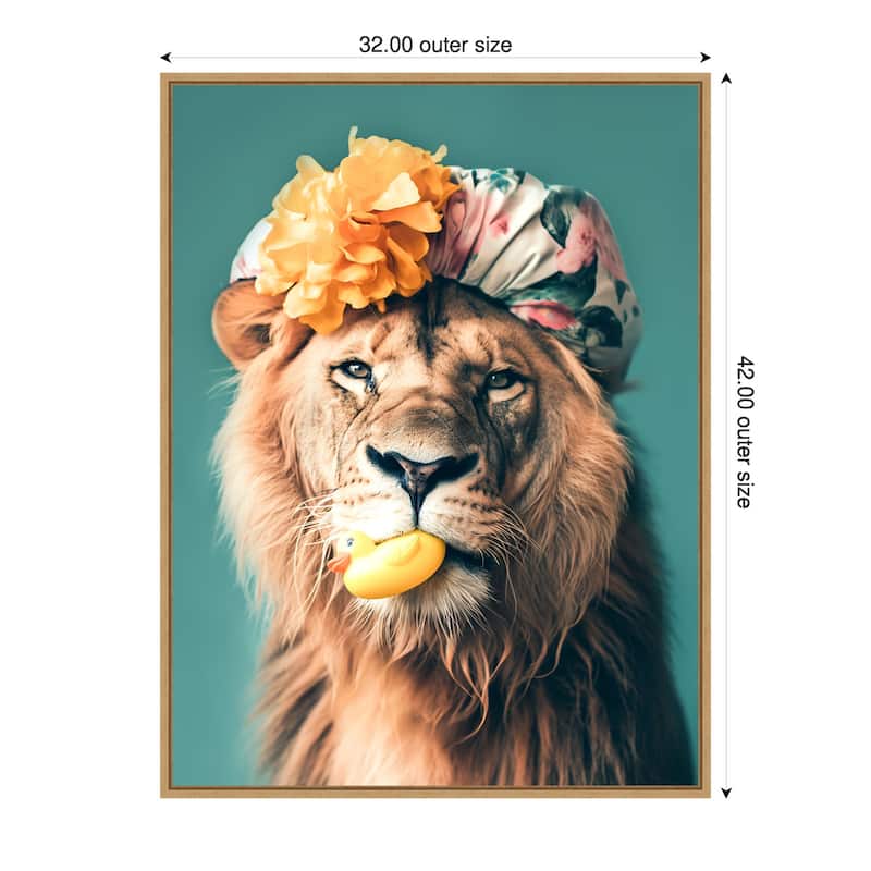 King of the Bathroom Lion by Niky Rahner Framed Canvas Wall Art - 32 x 42 in