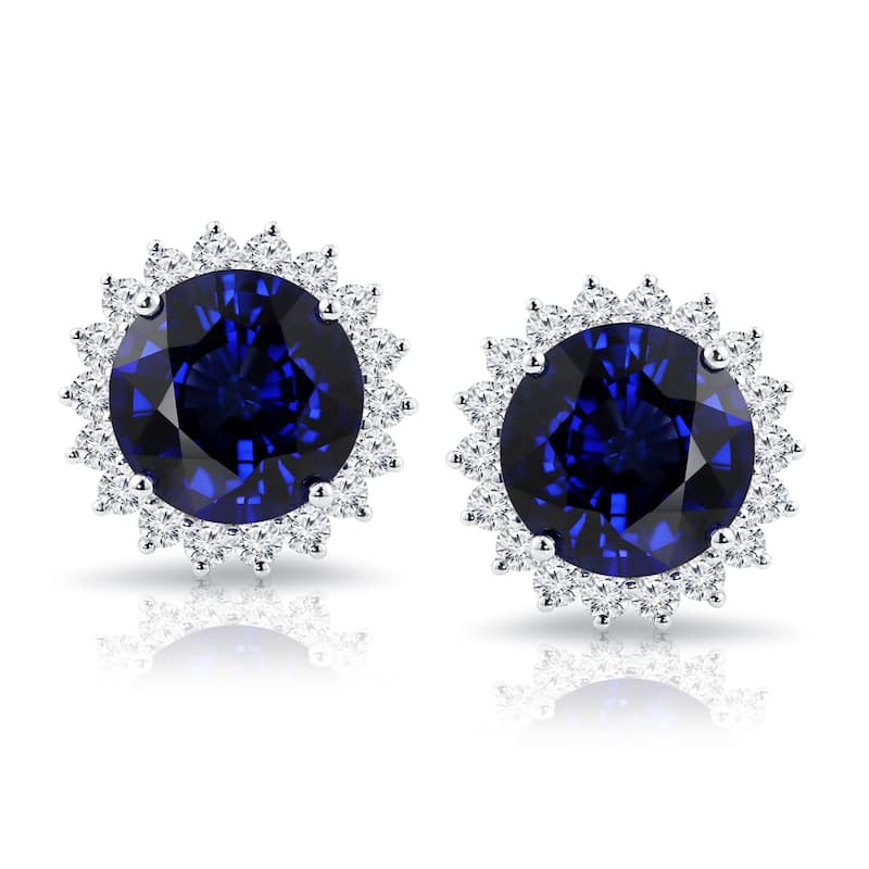 Auriya Unique 15 1/4ct Royal Blue Sapphire and 1 7/8ctw Halo Diamond Stud Earrings 18K Gold