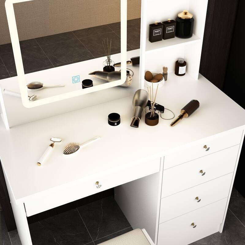 Makeup Vanity Set with Stool and 3 Color Touching Mirror Dresser Table - 39.4"W