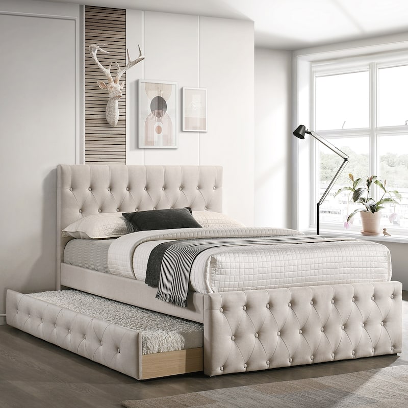 Linen Fully Upholstered Twin Size Bed with Trundle