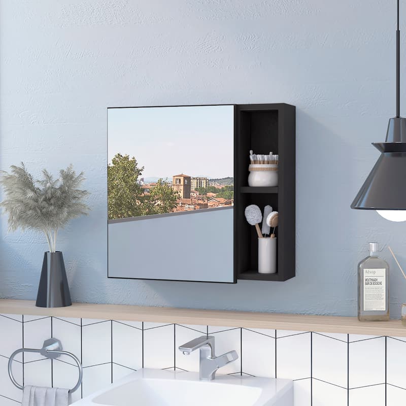 TUHOME Oman Medicine Cabinet with 2 Open Shelves, 3 Inner Shelves, and Mirror - Black