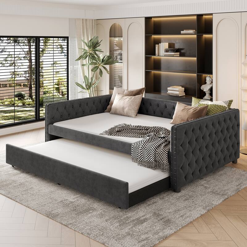 Full Size Linen Fabric Daybed with Button and Copper Nail on Square Arms, Upholstered Tufted Sofa Bed with Twin Trundle