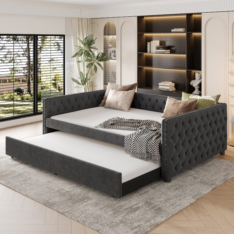 Full Size Linen Upholstered Daybed with Twin Trundle - Tufted Sofa Bed and Copper Nail Trim - Gray
