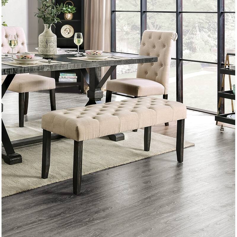 1PC BENCH Button Tufted Linen Like Fabric Solid wood