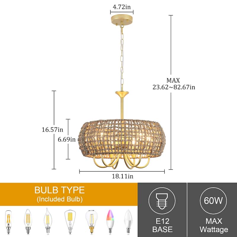 18.11inch Bohemian 6 lights adjustable height With Hand-Woven Rattan Lampshade for different rooms