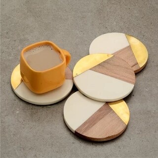 Mascot Hardware White Marble and Wood Coaster Set of 4, Round Wooden Brass Coasters, Modern Decorative Coasters Set - N/A