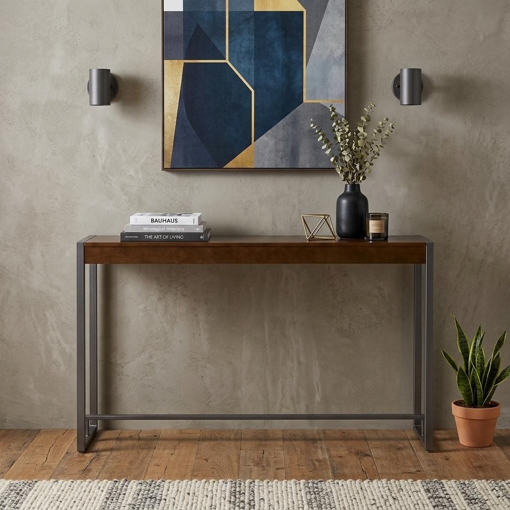 HomeRoots 54" Dark Brown and Gunmetal Wood and Metal Sled Console Table - 54.00 in. x 29.75 in. x 11.50 in.