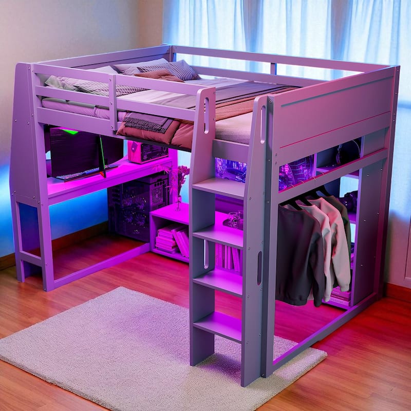 Twin/Full Size Gray Gaming Loft Bed with Desk, Storage Cabinets, LED Lighting & Hanging Clothes Rack - Grey - Full