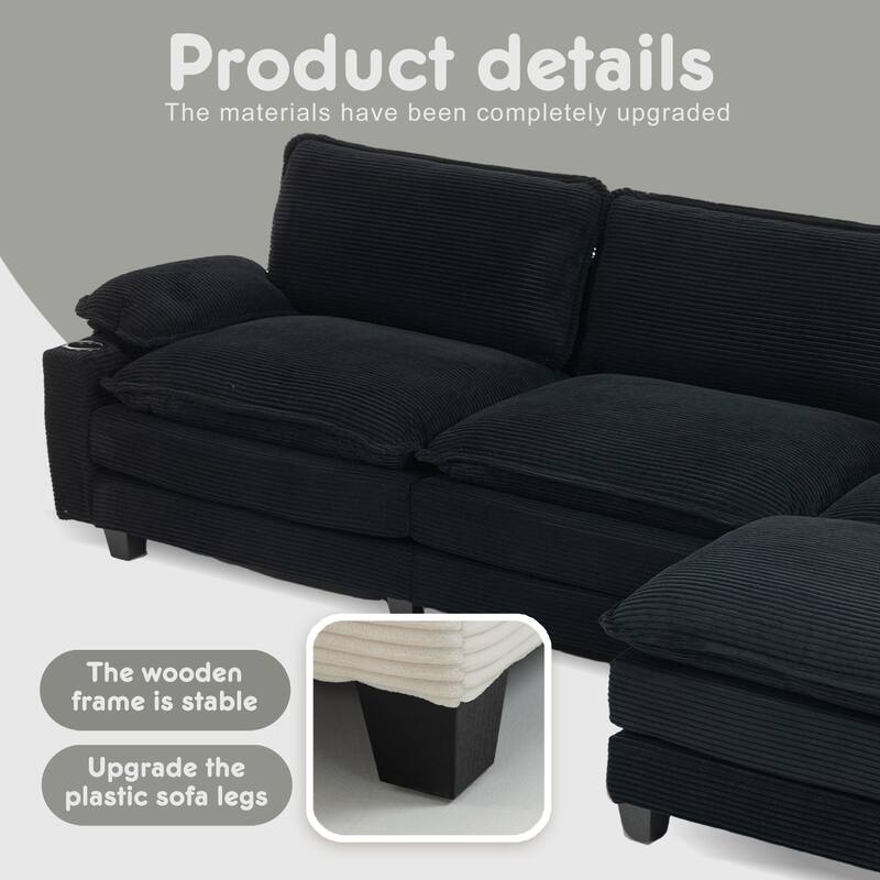 L-Shaped Modular Sectional Sofa with Ottoman, Oversized Corduroy Upholstered Cloud Couch with Cup Holders & Side Pockets