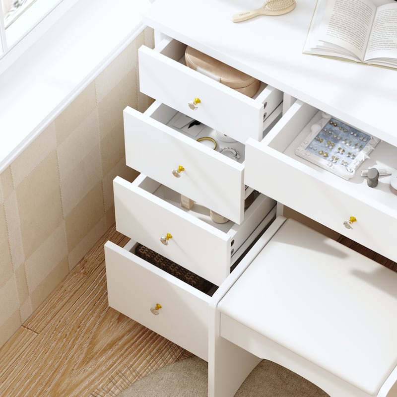 Makeup Vanity Set wi/Lighted Mirror, Storage Shelves and Drawers White - 31.5"L x 15.7"W x 55.1"H