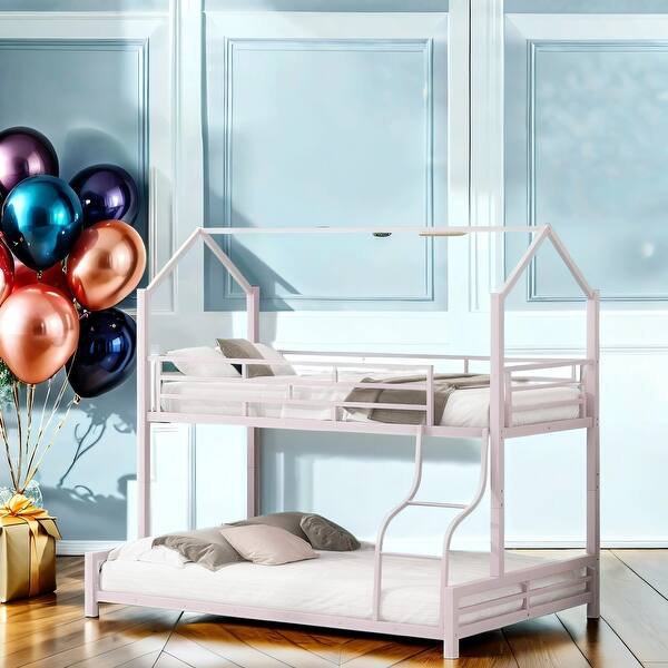 slide 2 of 12, Twin Over Full Metal Iron Loft Bed With Stairs And Roof Shape Frame, Children'S Bunk Bed, Detachable Into Two Beds Pink