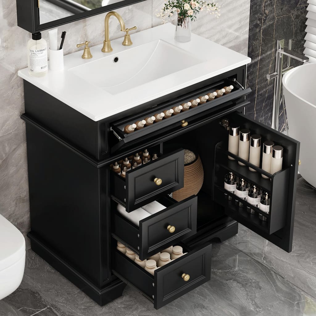 30" Bathroom Vanity with Sink, Tip-Out Drawer, Three Drawers, Door Shelf