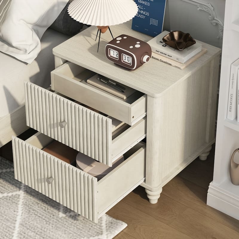 Wood NightStand with Metal Handle - Beige/1-Piece - 3-drawer