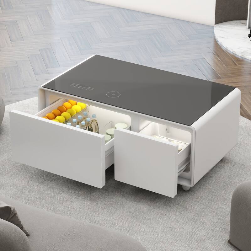 Modern Smart Coffee Table with Built-in Fridge Bluetooth Speaker Touch Control Panel Atmosphere light, for Living Room - White