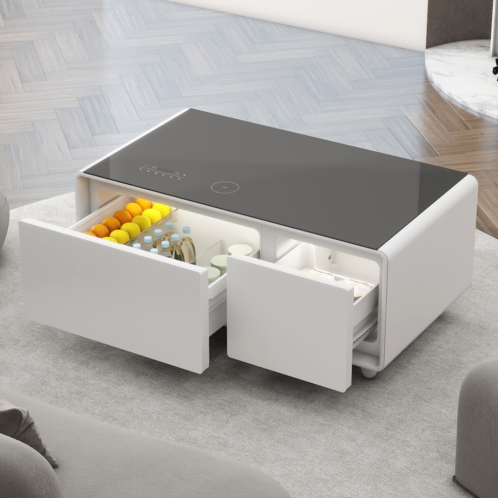 Modern Smart Coffee Table with Built-in Fridge Bluetooth Speaker Touch Control Panel Atmosphere light, for Living Room