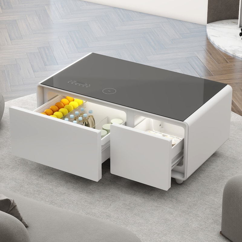 Smart Coffee Table with Built-in Fridge,Bluetooth Speaker,Wireless Charging,Touch Control Panel,USB Interface,Outlet Protection - White