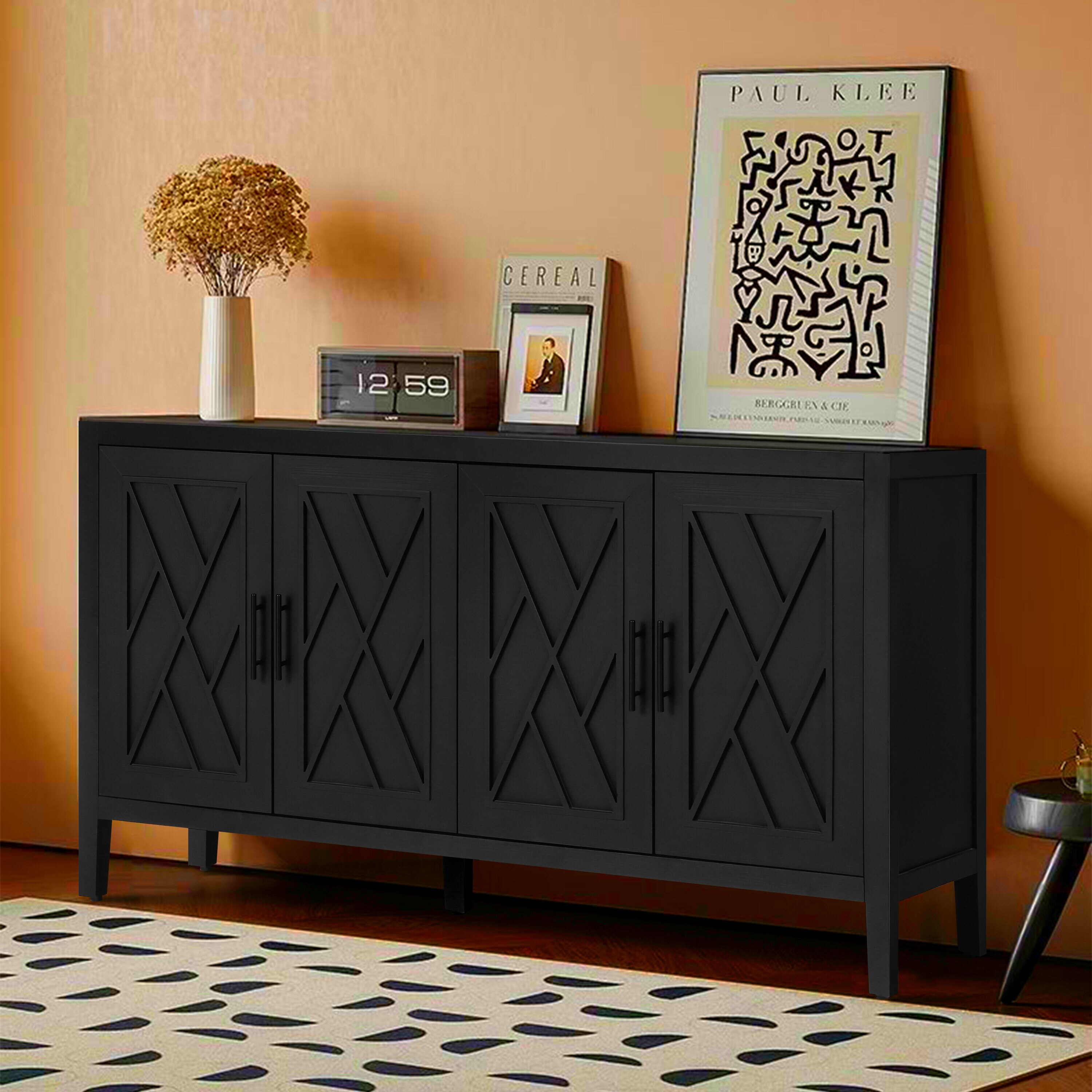 4 Door Wooden Twill Sideboard American Country Vintage Old Living Room Dining Room Hallway Entryway Cabinet
