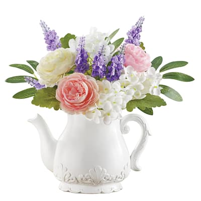 Ceramic White Teapot Floral Arrangement Centerpiece - 10 x 11 x 9