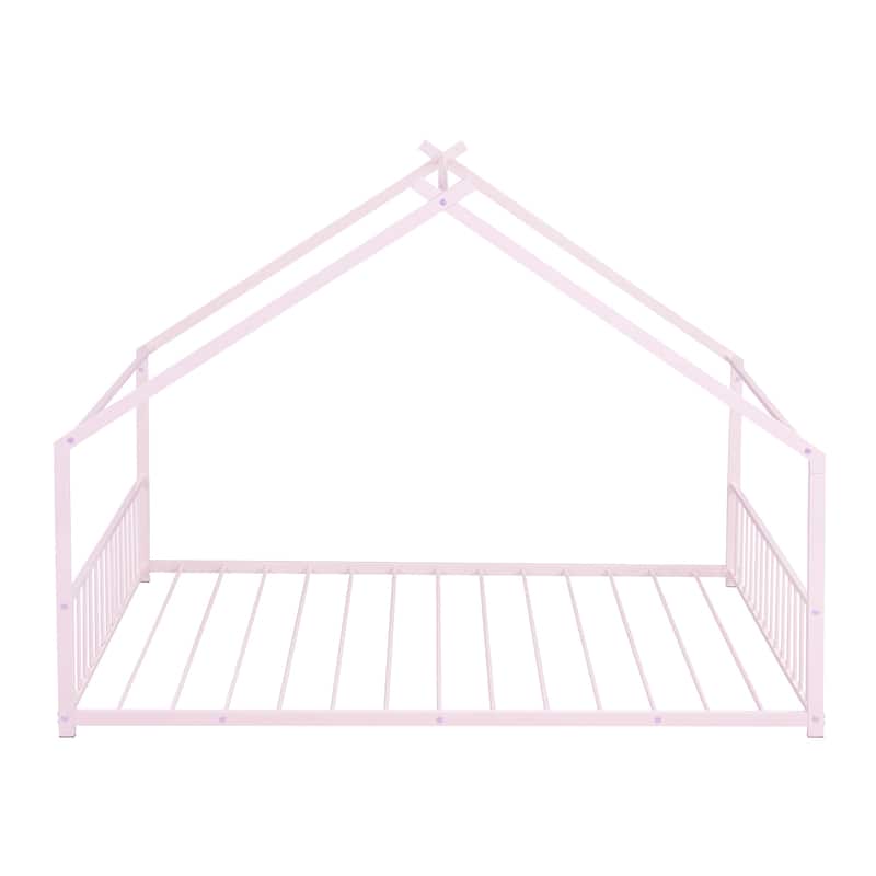 Metal House Bed with Roof, Fence, and Back