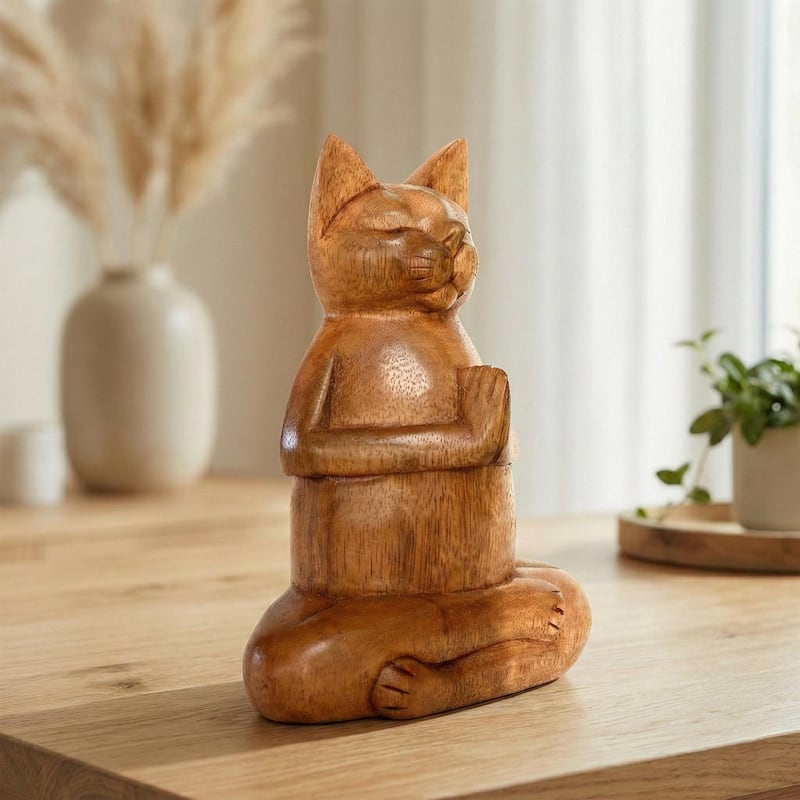 8" Wooden Handmade Hand Carved Yoga Fire Log Pose Cat Sculpture Statue Home Decoretion - 8" tall x 4" wide x 3" deep