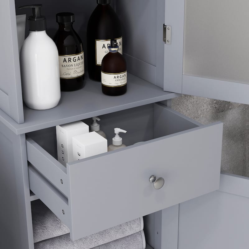 kleankin Slim Bathroom Storage Cabinet, Tall Bathroom Cabinet, Narrow Linen Tower with Acrylic Door, Drawer and Shelves, Gray