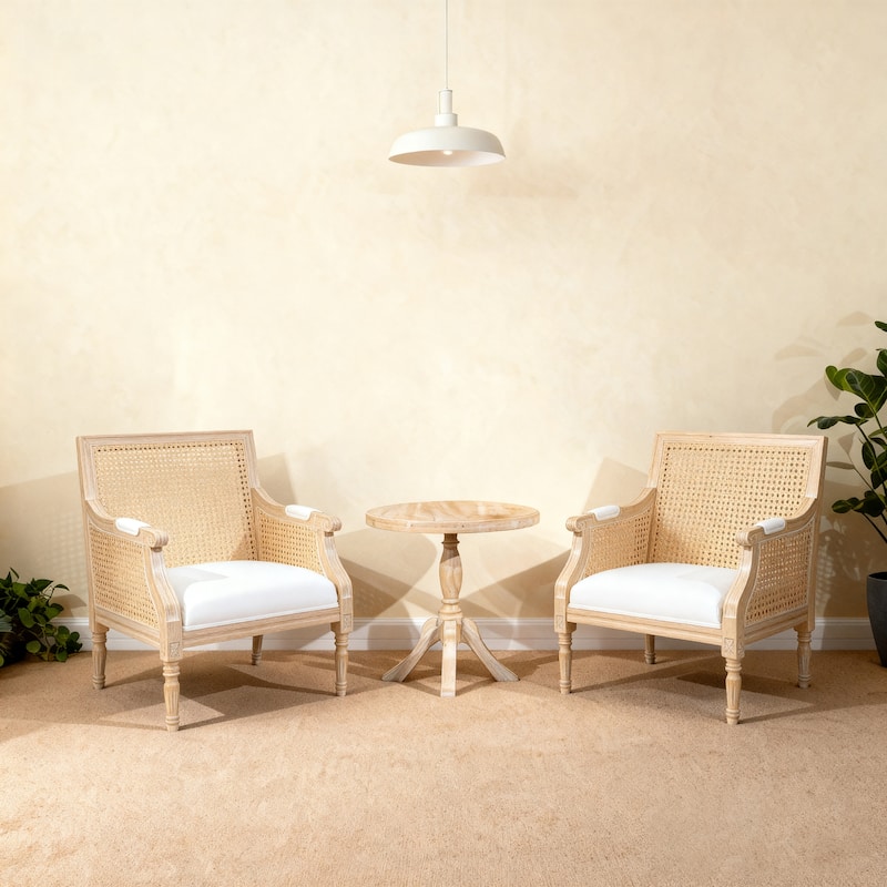 GDFStudio - Classic French Traditional Cotton Linen Upholstered Accent Armchair with Rattan Backrest & Contoured Armrests